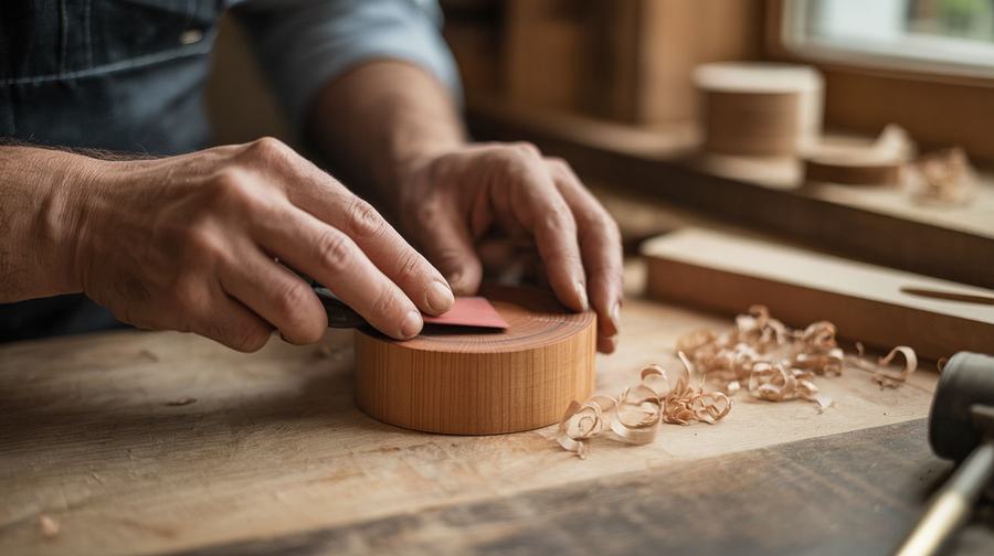 Hands sanding a small wooden piece on a workbench
