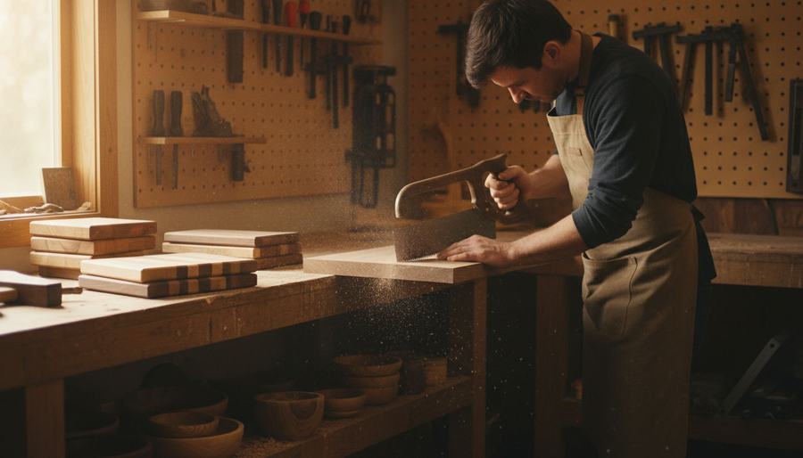 Woodworker sawing a board in a home workshop