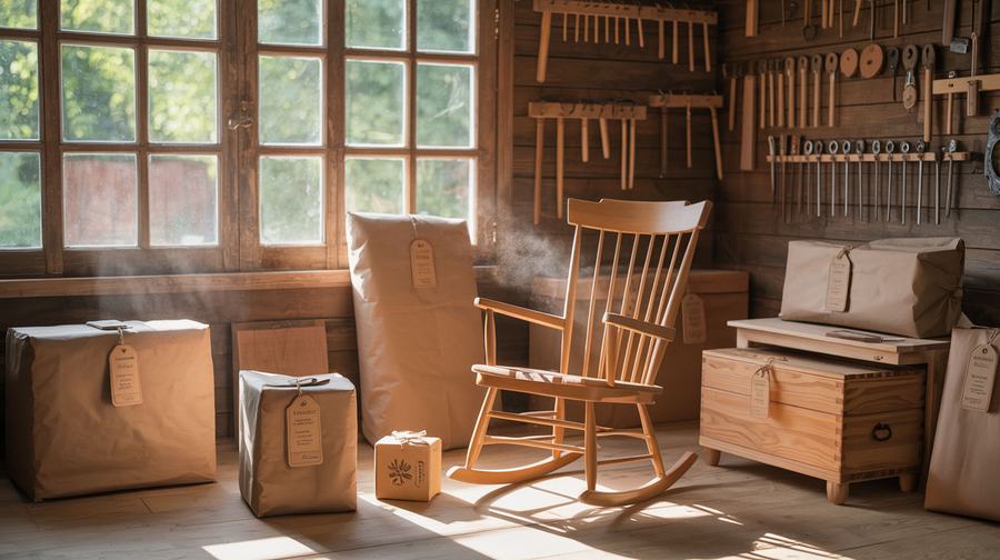 Finished wood furniture and packages ready for customers