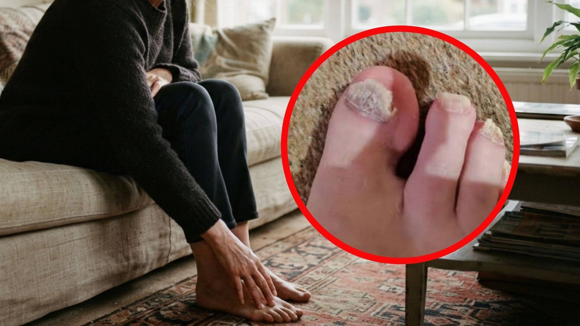 Woman sitting on a couch looking concerned, holding her foot